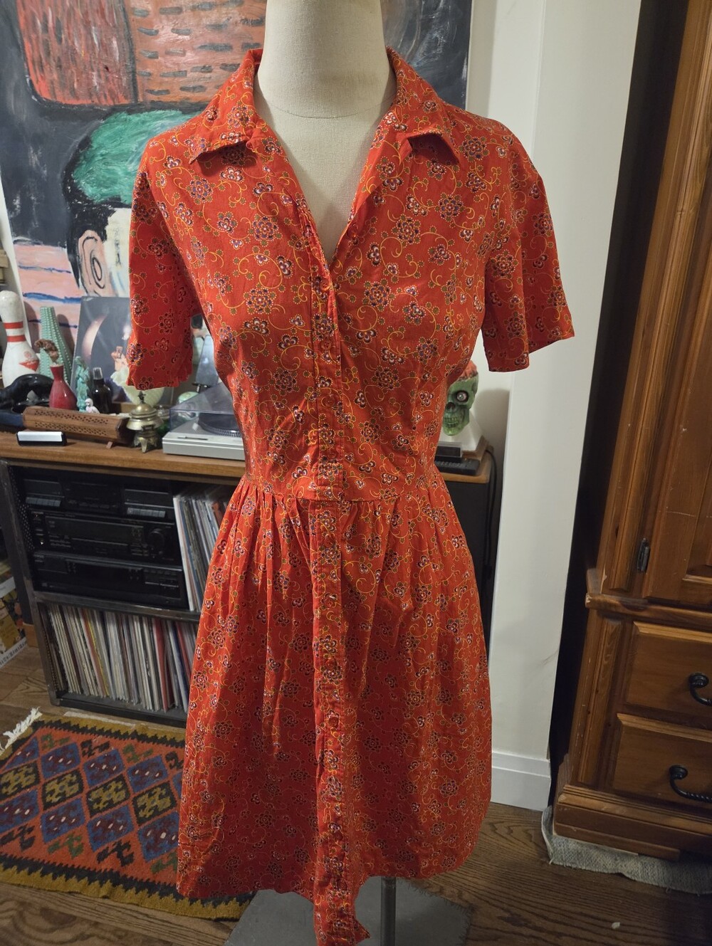 Vintage Christy Dawn Style Cotton Doen Dress Ditsy Print Floral Summer Red